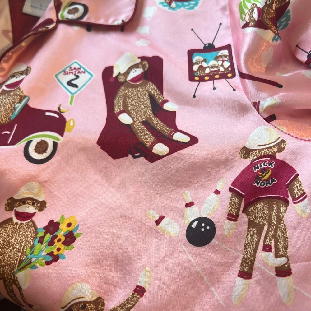 Nick & Nora Womens Pink Sock Monkey Pajama Top Size Large bowling TV Car Poly - Picture 9 of 9